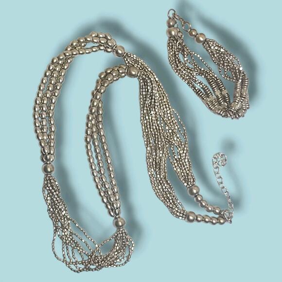 Matte Silver Tone Multi-Strand Metal Bead Necklace & Bracelet Set - Picture 1 of 8
